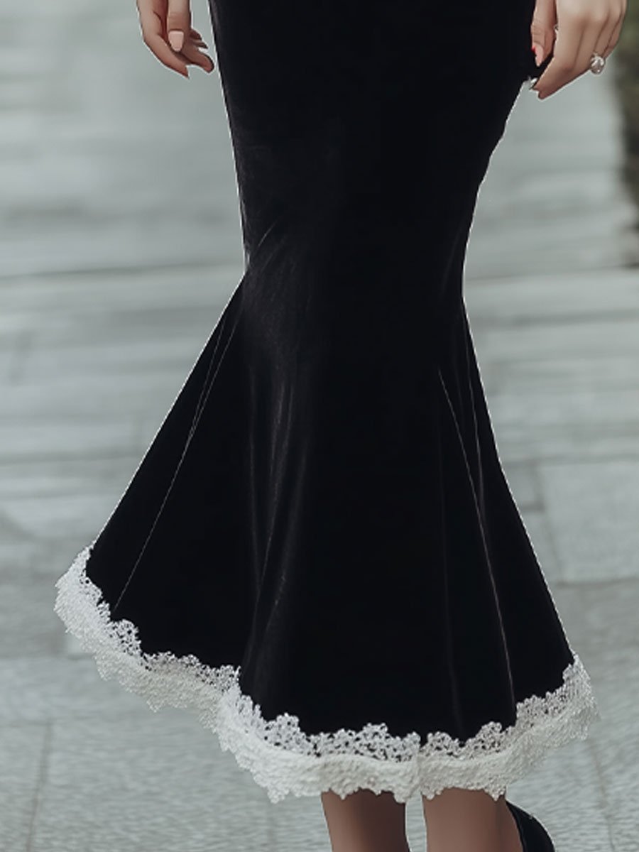 Black Velvet Mermaid Dress with White Lace Trim
