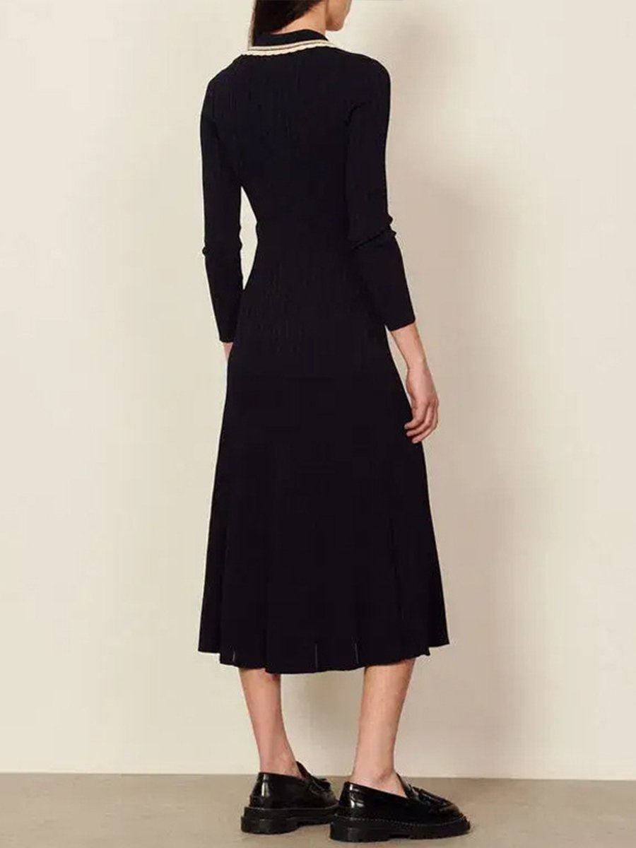 V-neck Contrast Striped Fishtail Long Dress