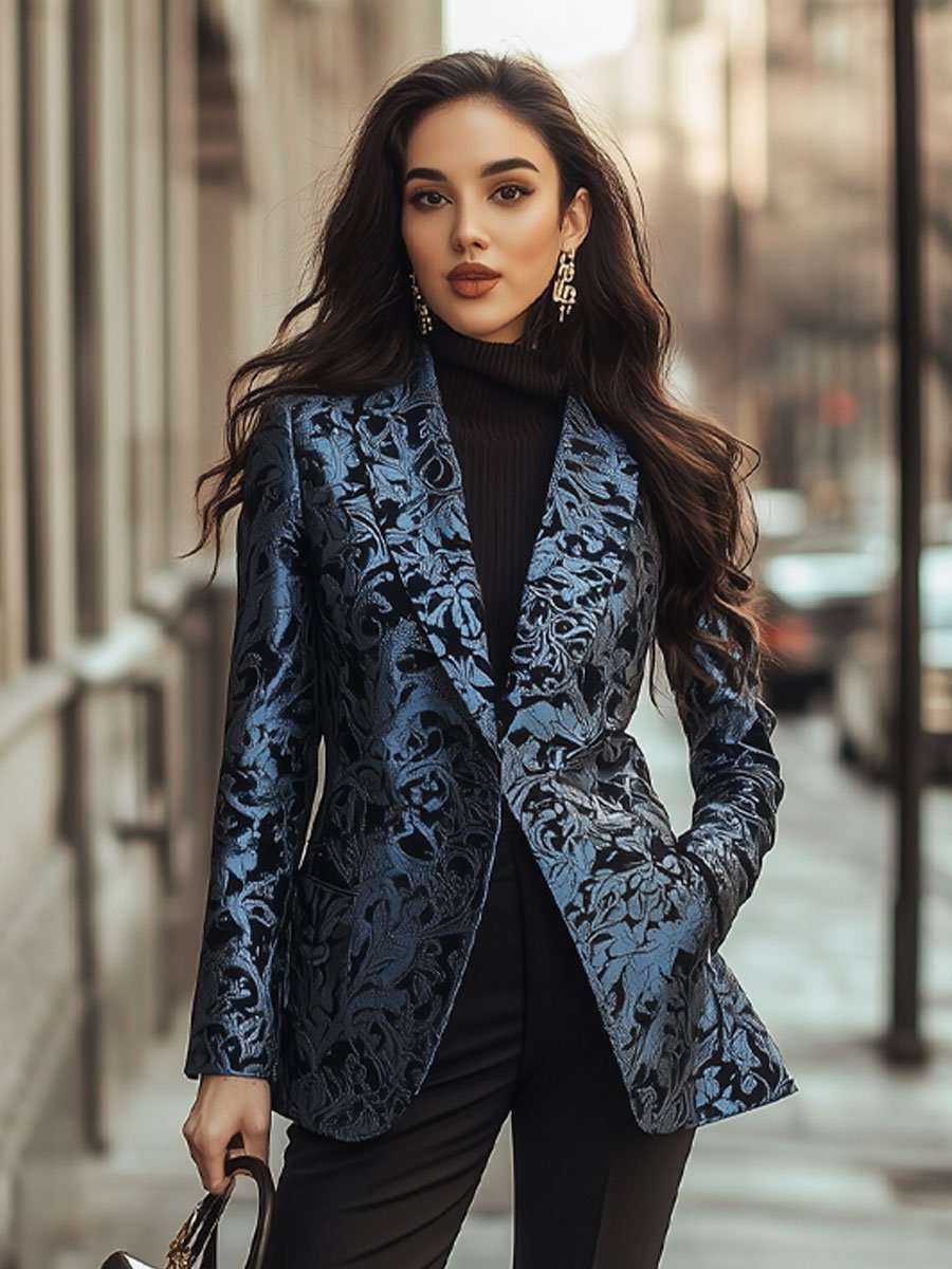 Elegant Blue Brocade Jacquard Blazer with Intricate Patterns