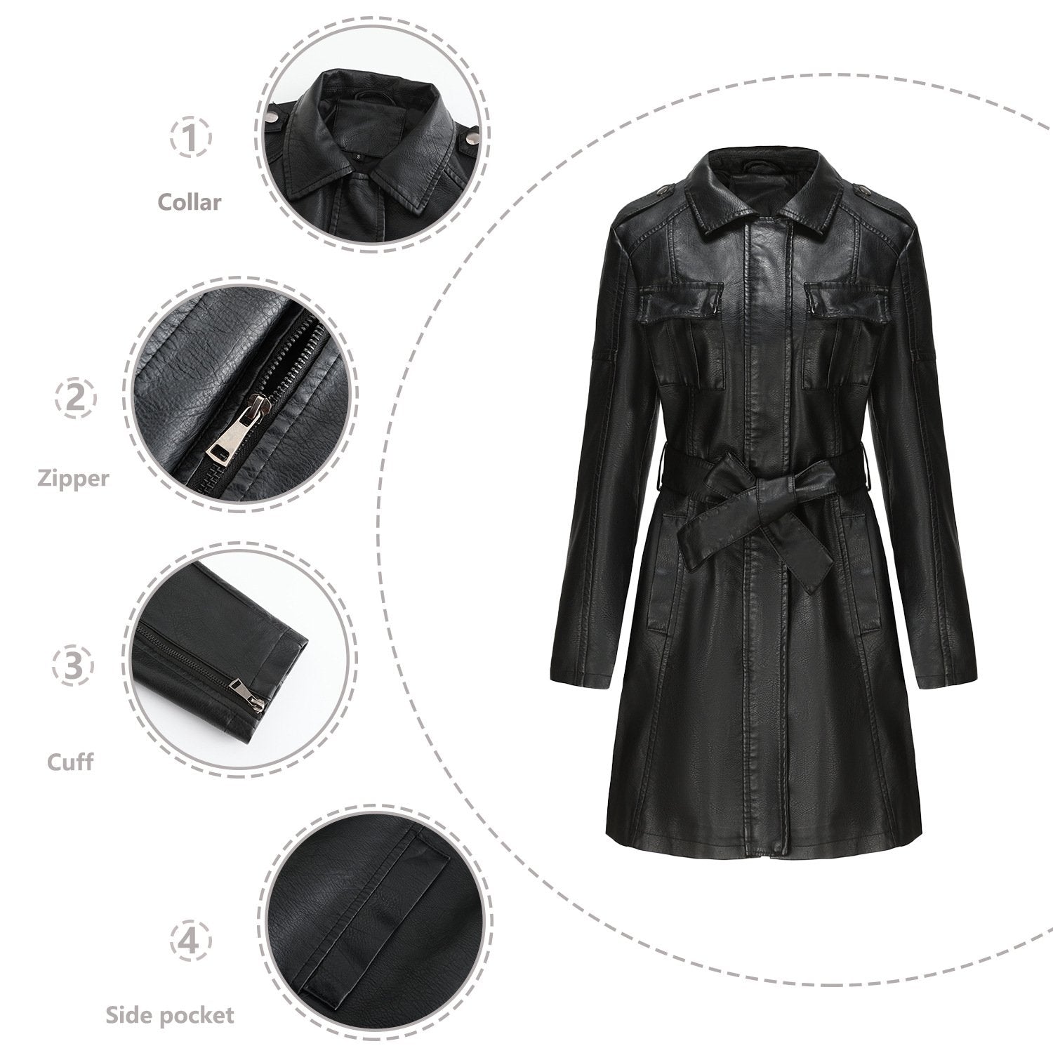 Classic Faux Leather Plain Long-sleeved Trench Coat with Belt