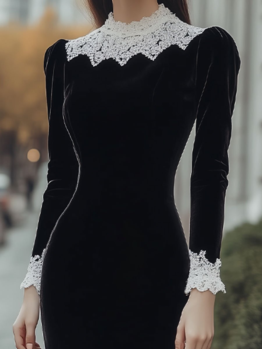 Black Velvet Mermaid Dress with White Lace Trim