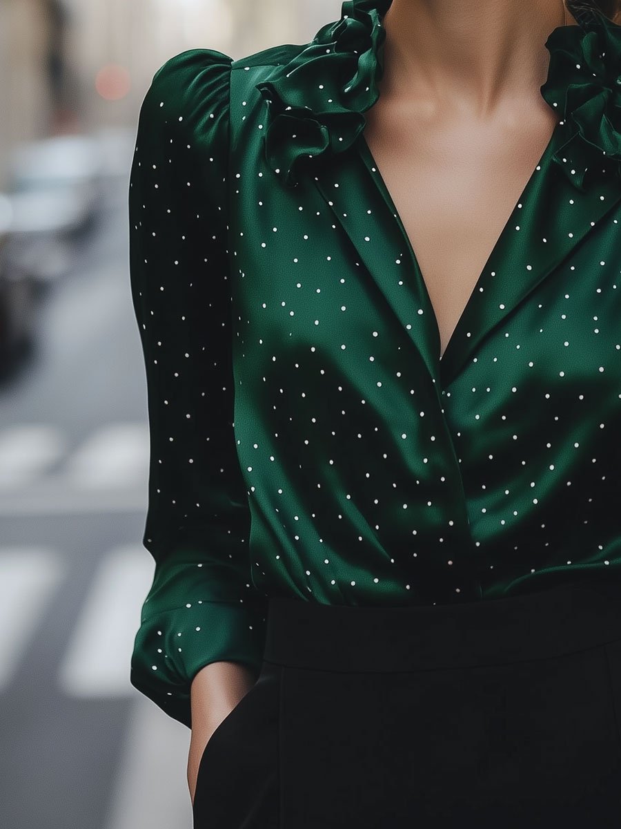 Chic Satin Blouse with Ruffles and Polka Dots