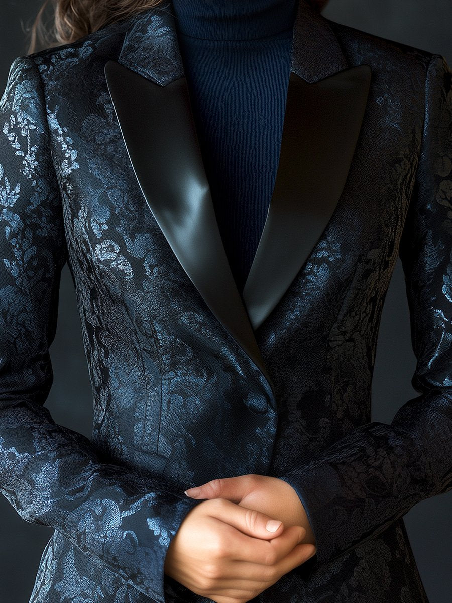 Elegant Navy Satin Jacquard Blazer with Floral Motifs