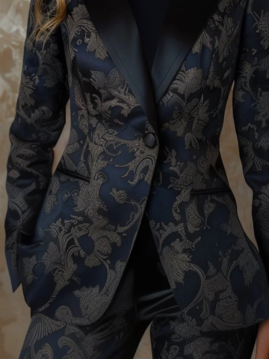Deep Navy Satin Jacquard Blazer with Elegant Floral Pattern