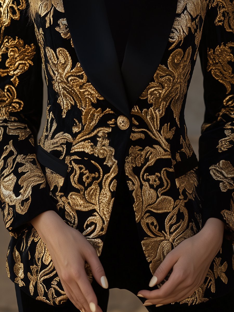Black Jacquard Blazer with Luxurious Gold Floral Pattern