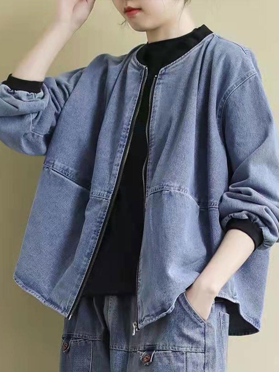 Relaxed Fit Denim Jacket with Front Zipper and Pockets