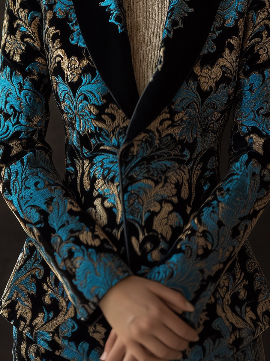 Black Blazer with Teal and Gold Baroque Patterns