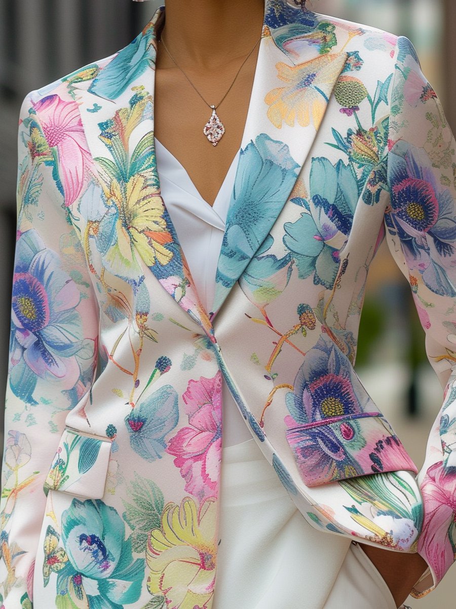 Pastel Satin Blazer Adorned with Colorful Floral Prints
