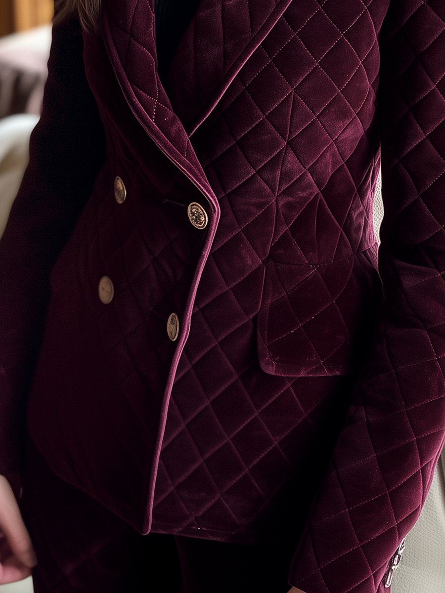 Burgundy Quilted Velvet Blazer with Gold Buttons