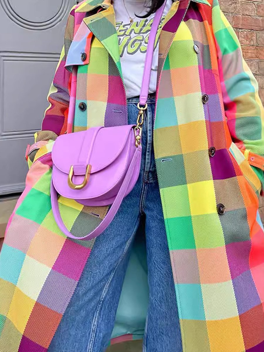 Stylish Colorful Lapel Plaid Coat