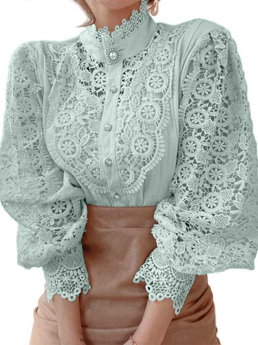 Vintage-Inspired Lace Blouse with Pearl Button Details