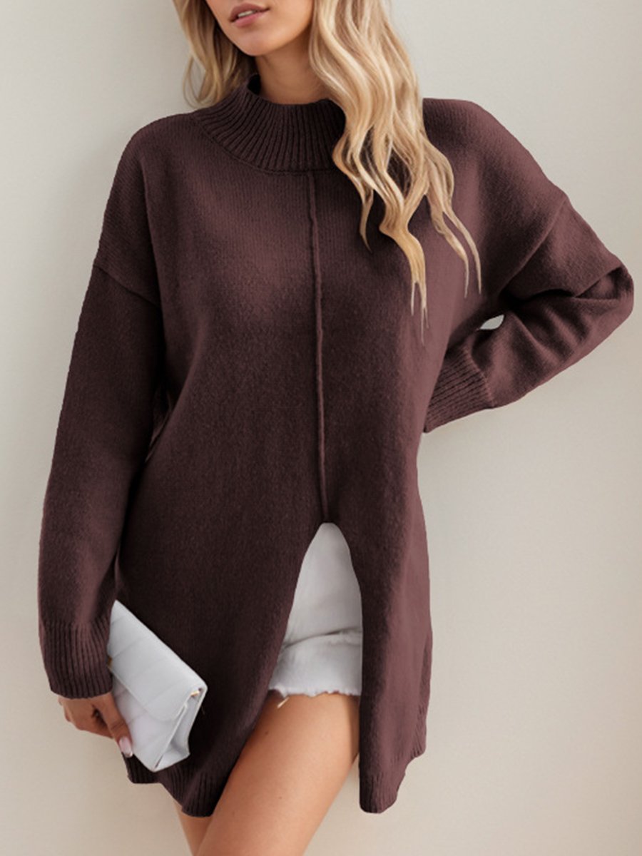 Chic Solid Color Half Turtleneck Side-Slit Pullover Sweater