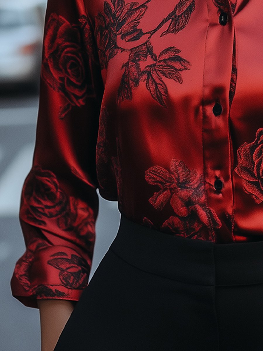 Elegant Red Satin Blouse with Floral Detailing
