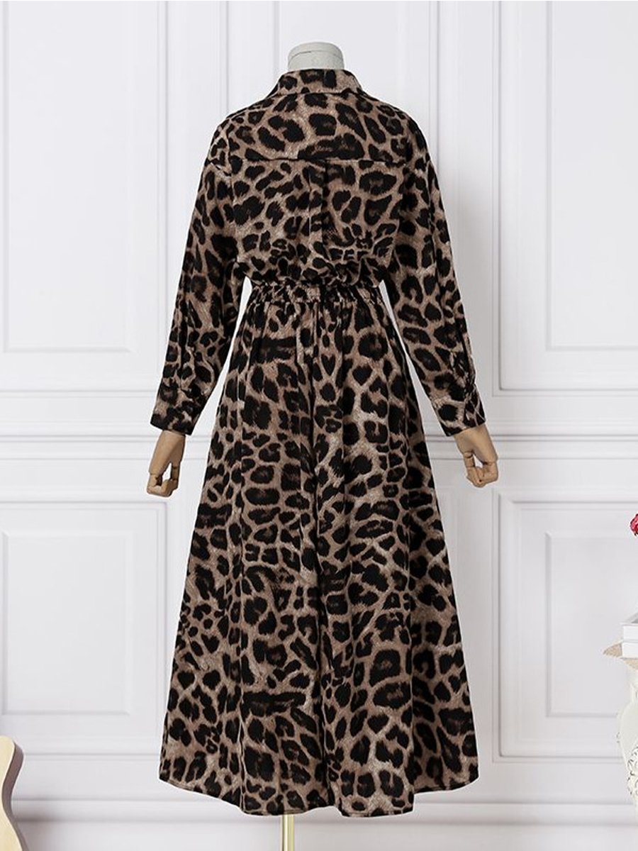 Casual Leopard Cotton And Linen Elastic Waist Dress