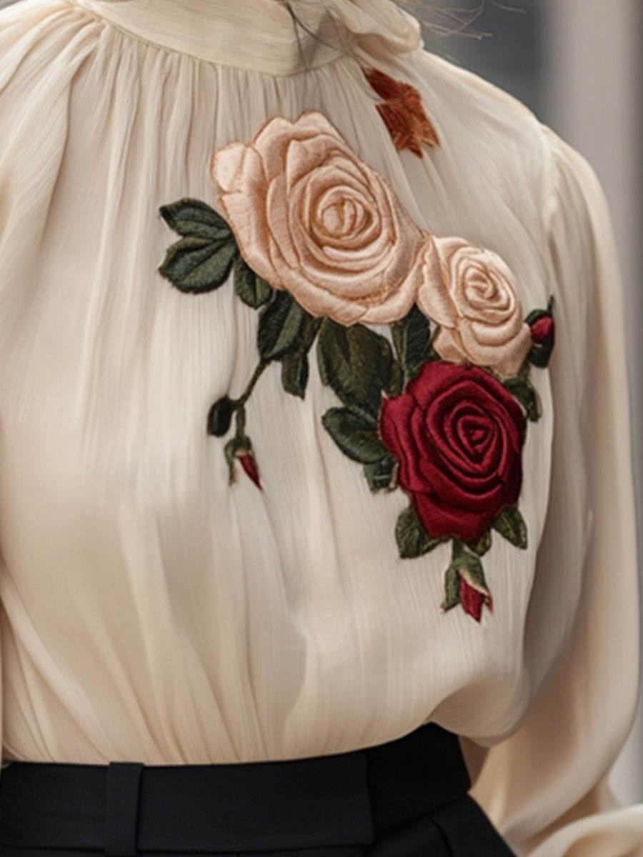 Elegant High-Neck Blouse with 3D Rose Embroidery