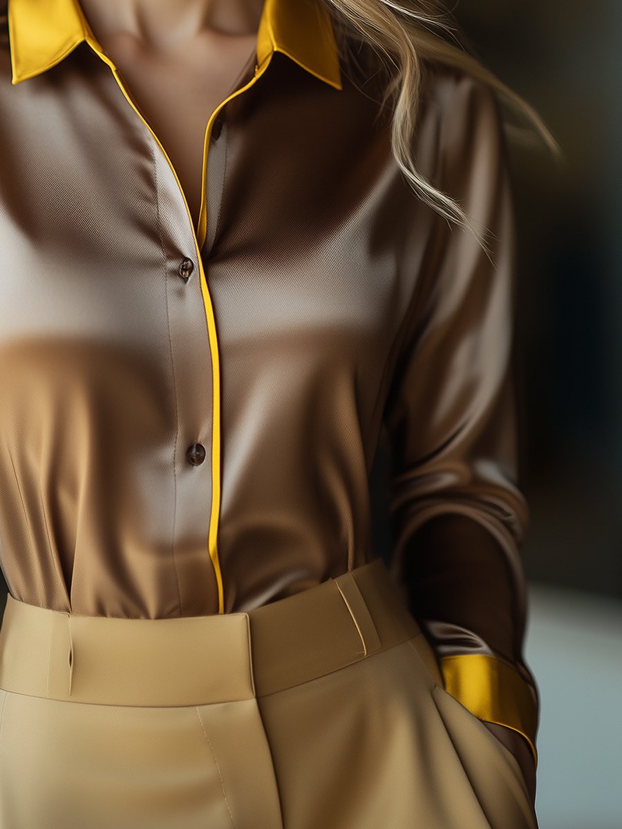 Golden Brown Satin Blouse with Vibrant Yellow Highlights