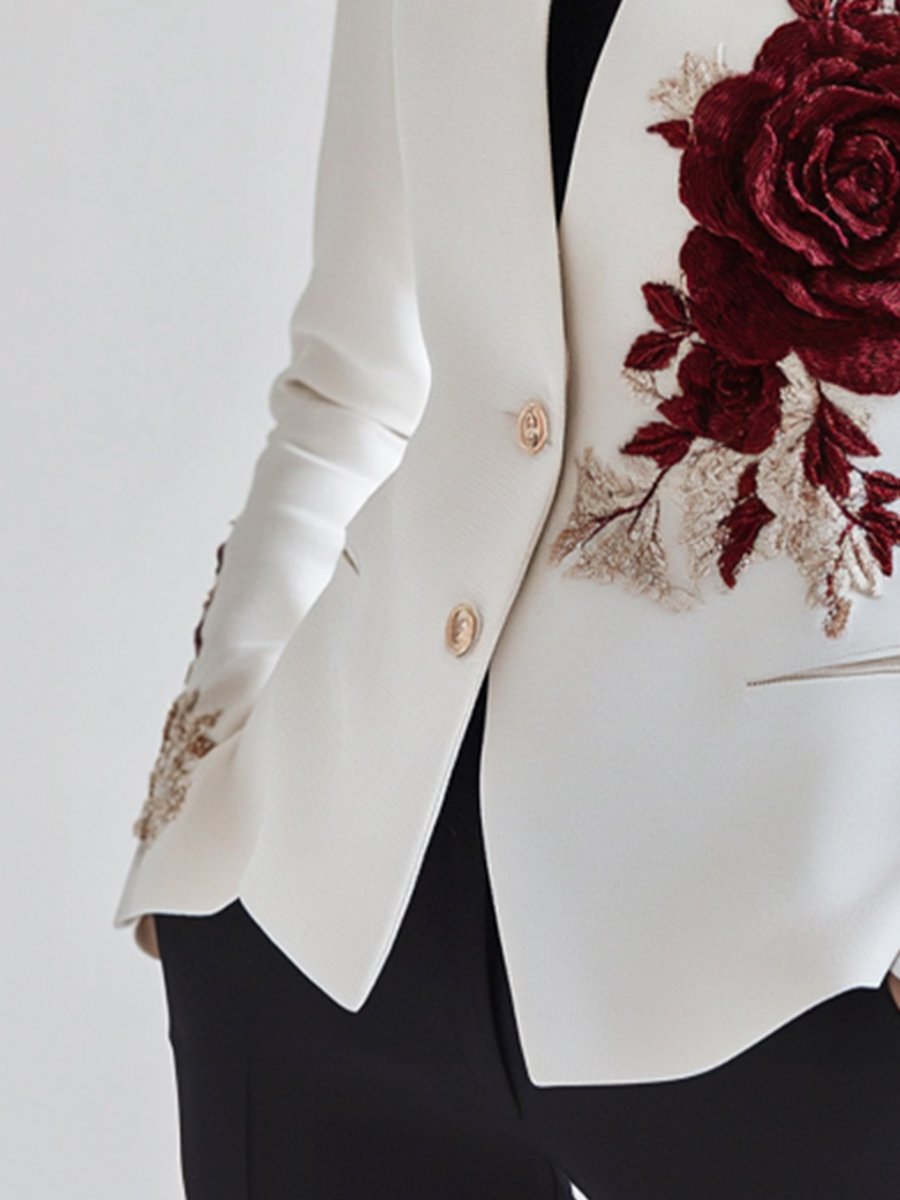 Chic White Blazer with Red Rose Embroidery