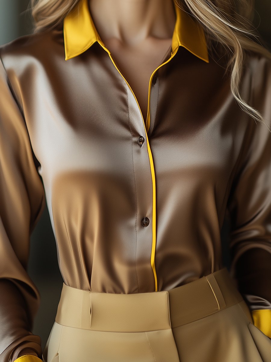 Golden Brown Satin Blouse with Vibrant Yellow Highlights
