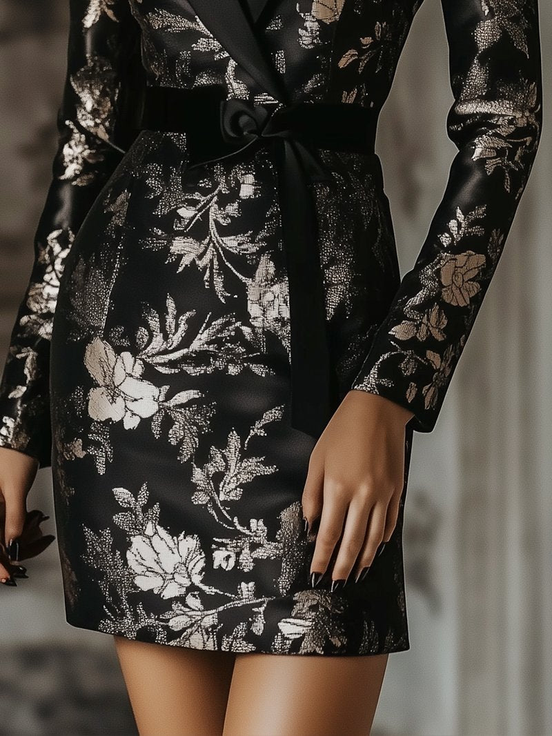 Glamorous Black Floral Jacquard Mini Dress with Satin Details