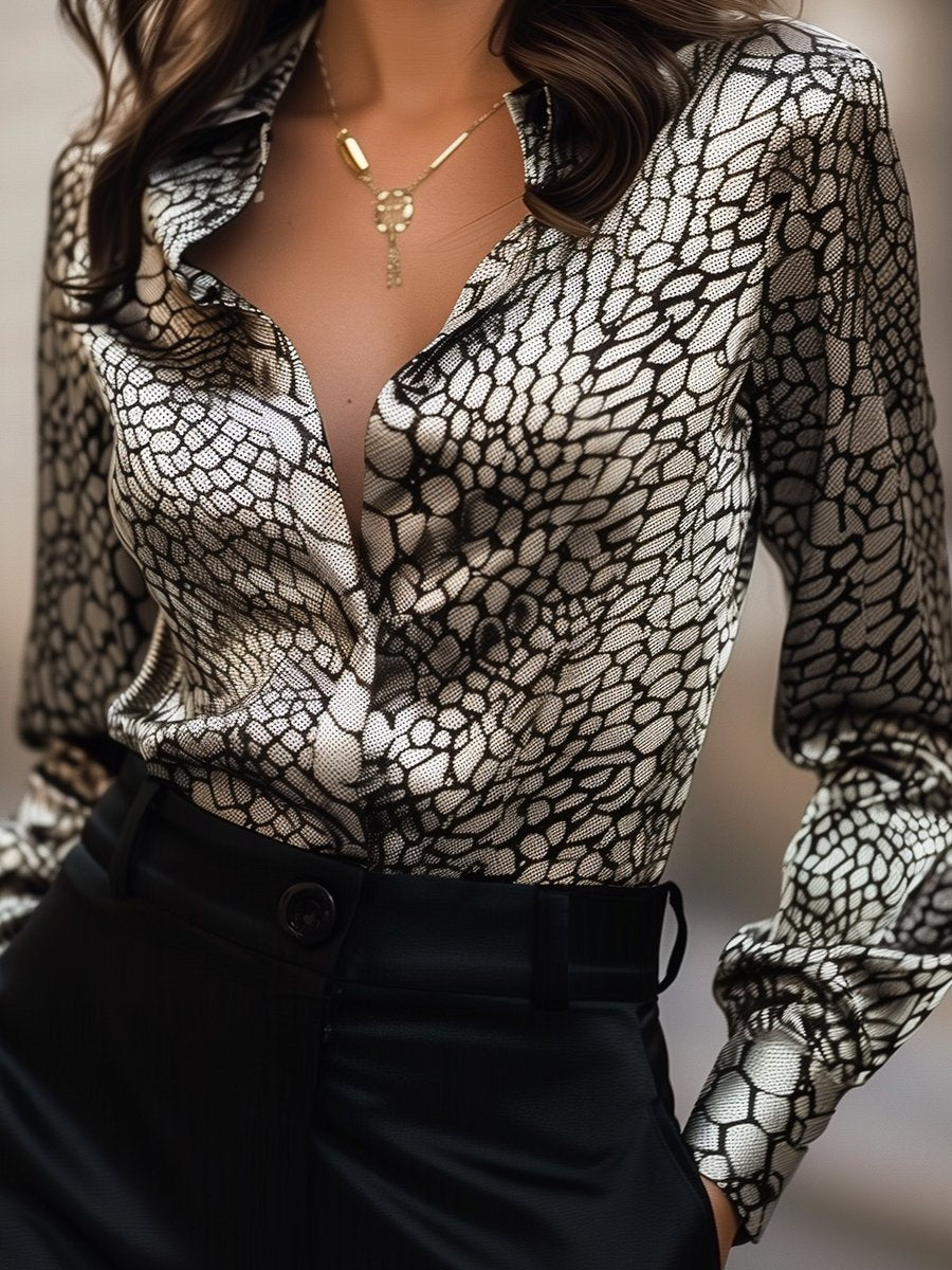 Modern Satin Printed Blouse with Classic Snake Pattern Elegance