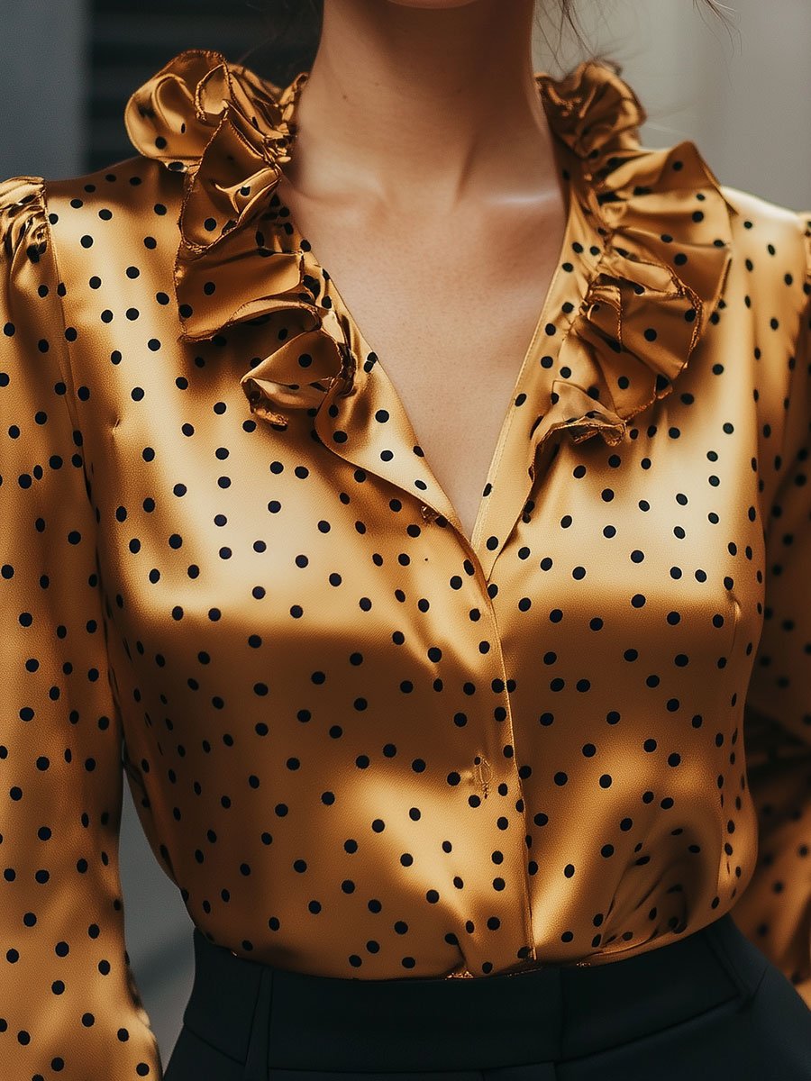 Ruffled Satin Blouse with Polka Dots