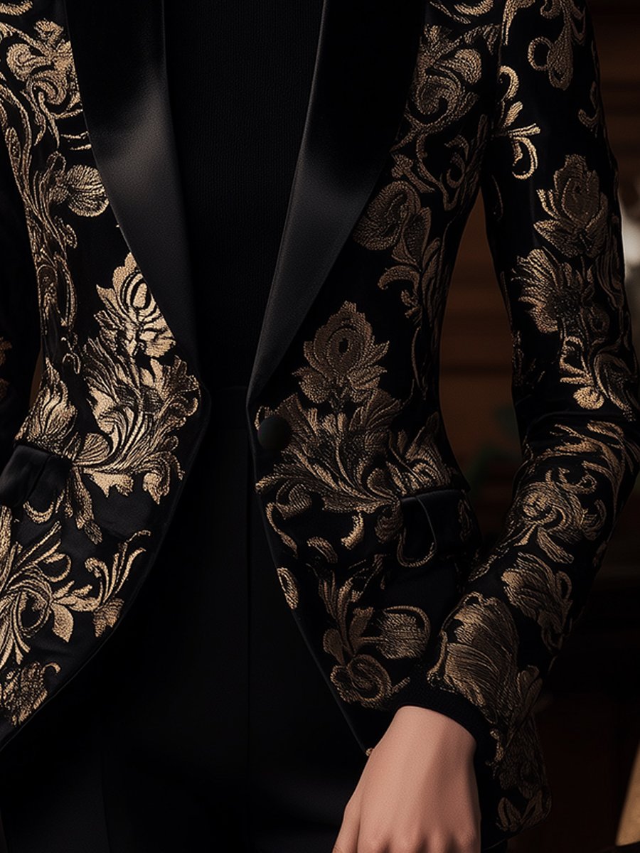 Black Jacquard Blazer with Baroque Gold Floral