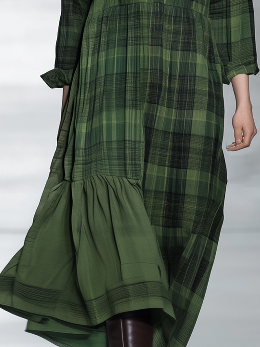 Green Plaid Button-Up Midi Shirt Dress