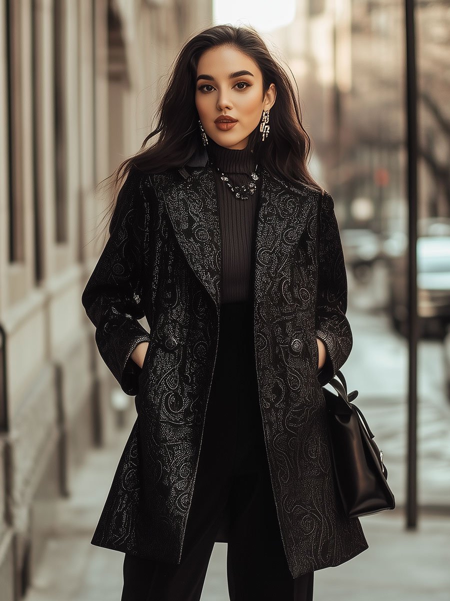 Elegant Black Textured Blazer with Subtle Paisley Motifs