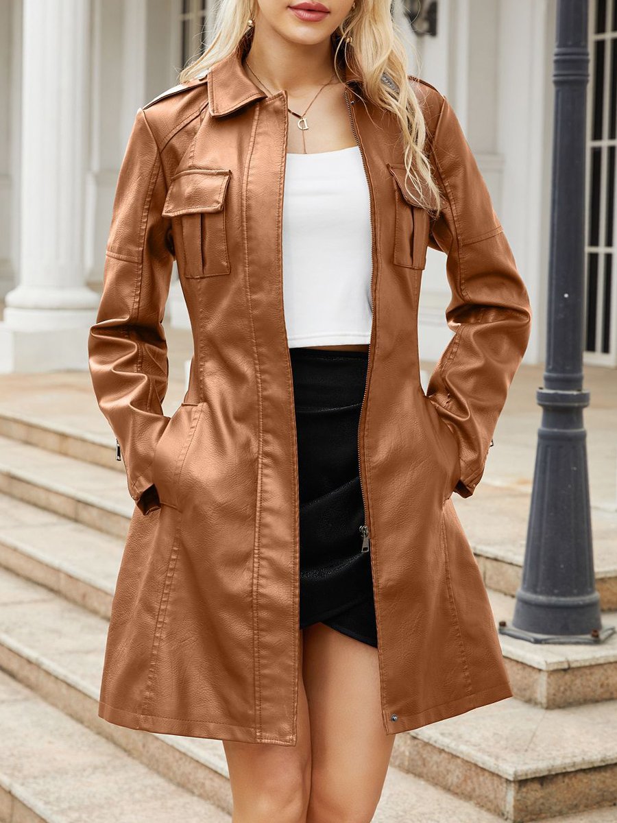 Classic Faux Leather Plain Long-sleeved Trench Coat with Belt