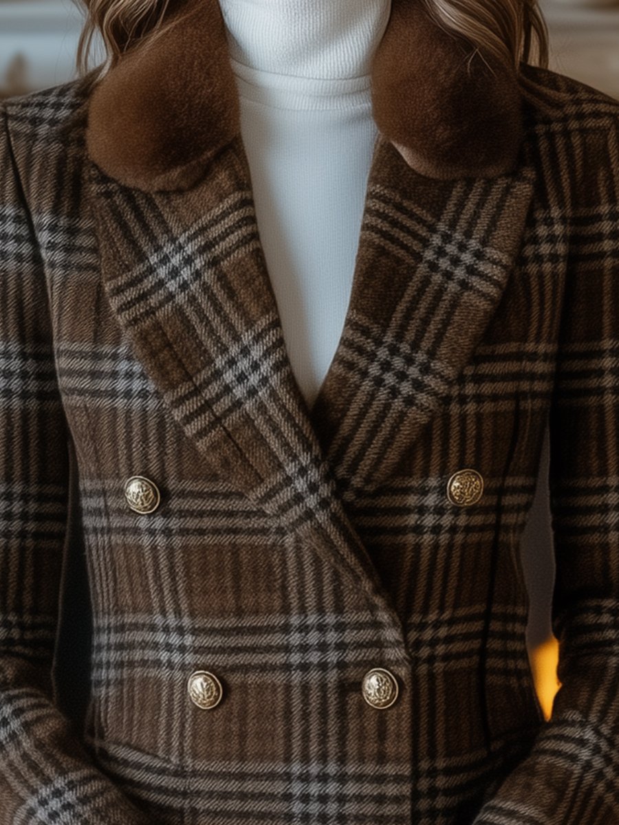 Plaid Double-Breasted Blazer with Faux Fur Collar