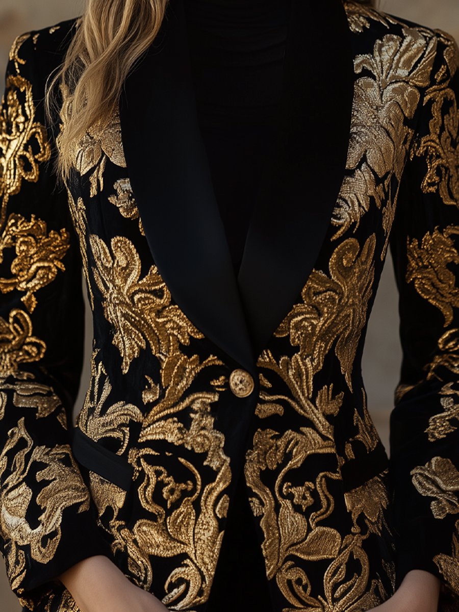 Black Jacquard Blazer with Luxurious Gold Floral Pattern
