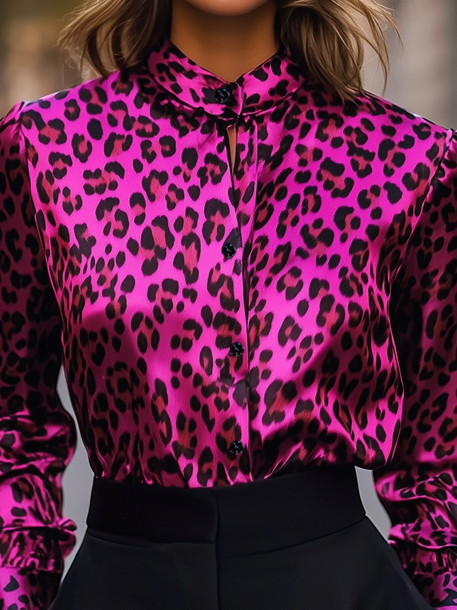 Bold Fuchsia Leopard Satin Blouse with Sophisticated High Collar
