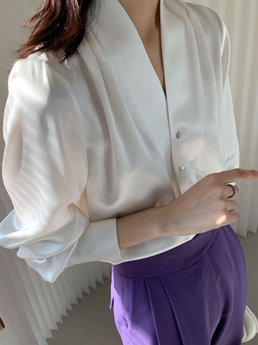 Royal Blue Satin Blouse with Deep V-neck