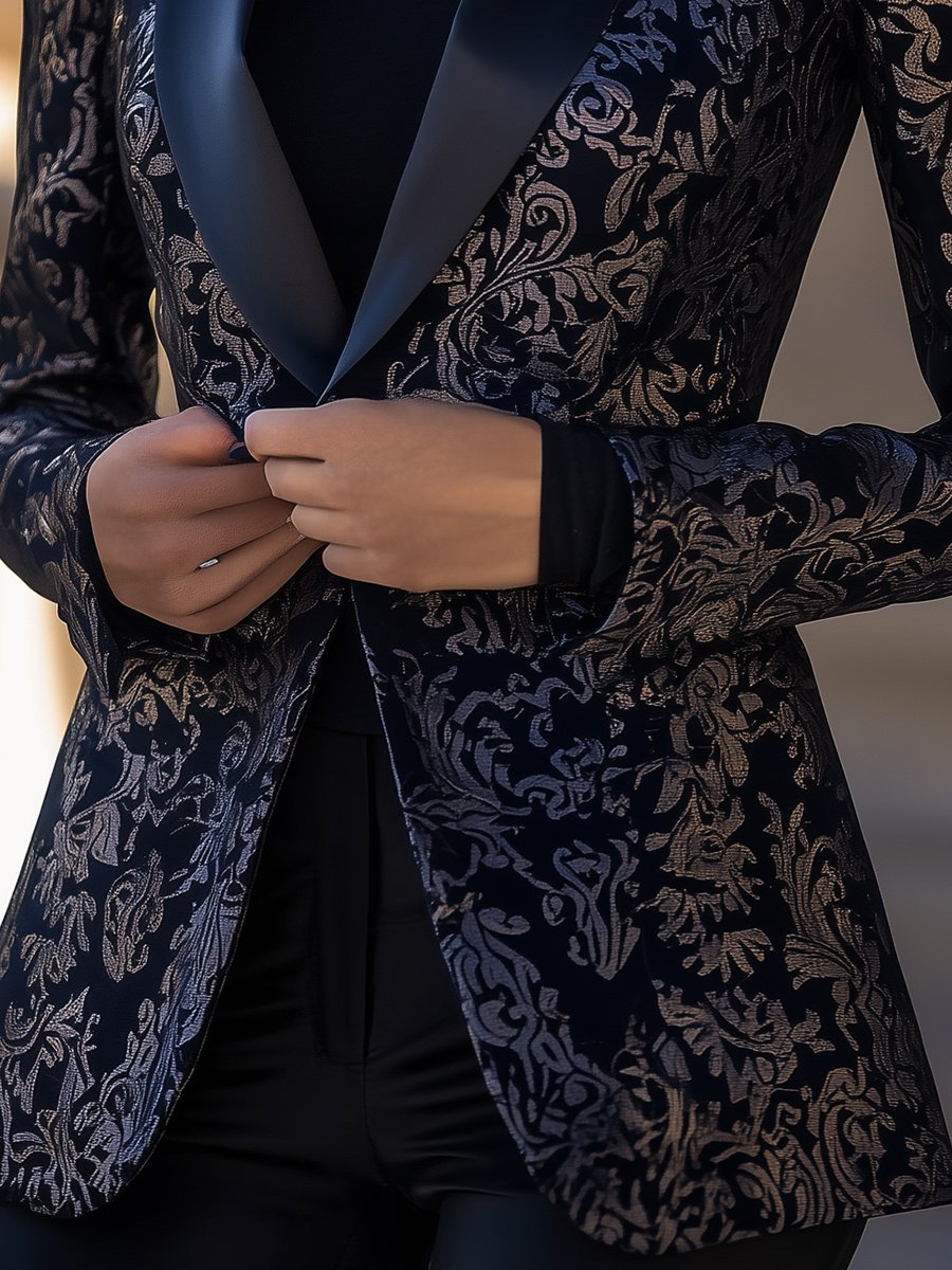 Black and Silver Jacquard Blazer with Classic Floral Detailing