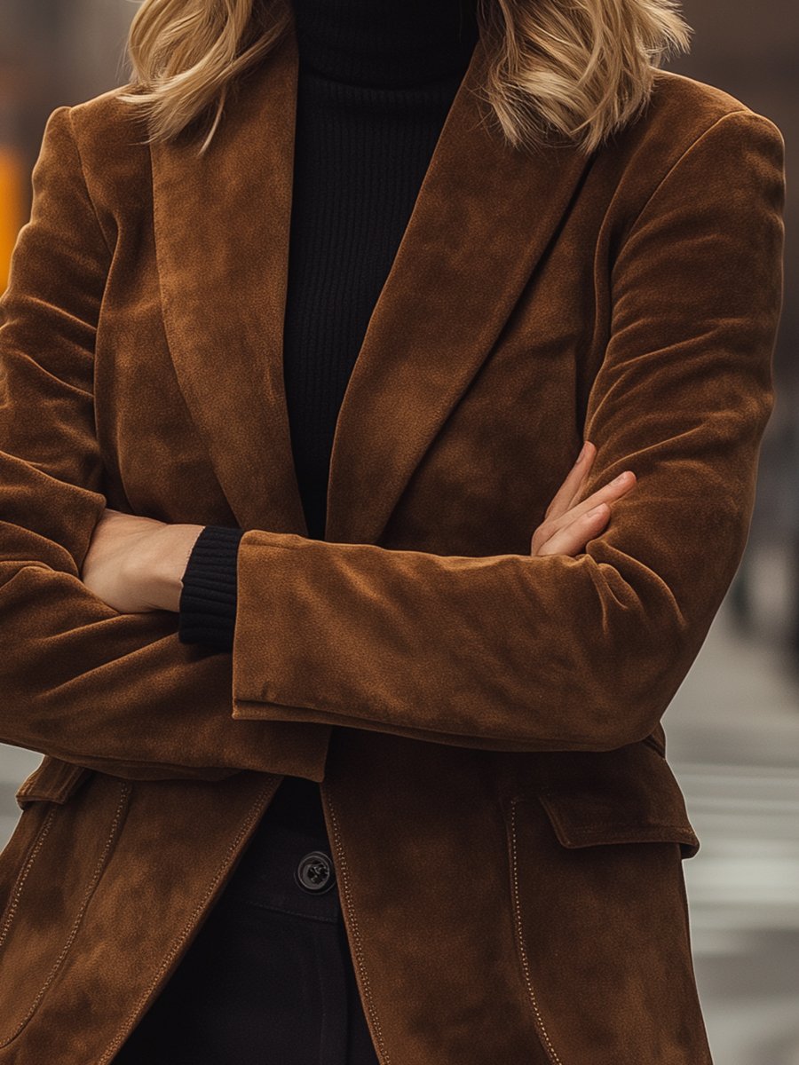 Elegant Brown Suede Blazer with Classic Tailoring