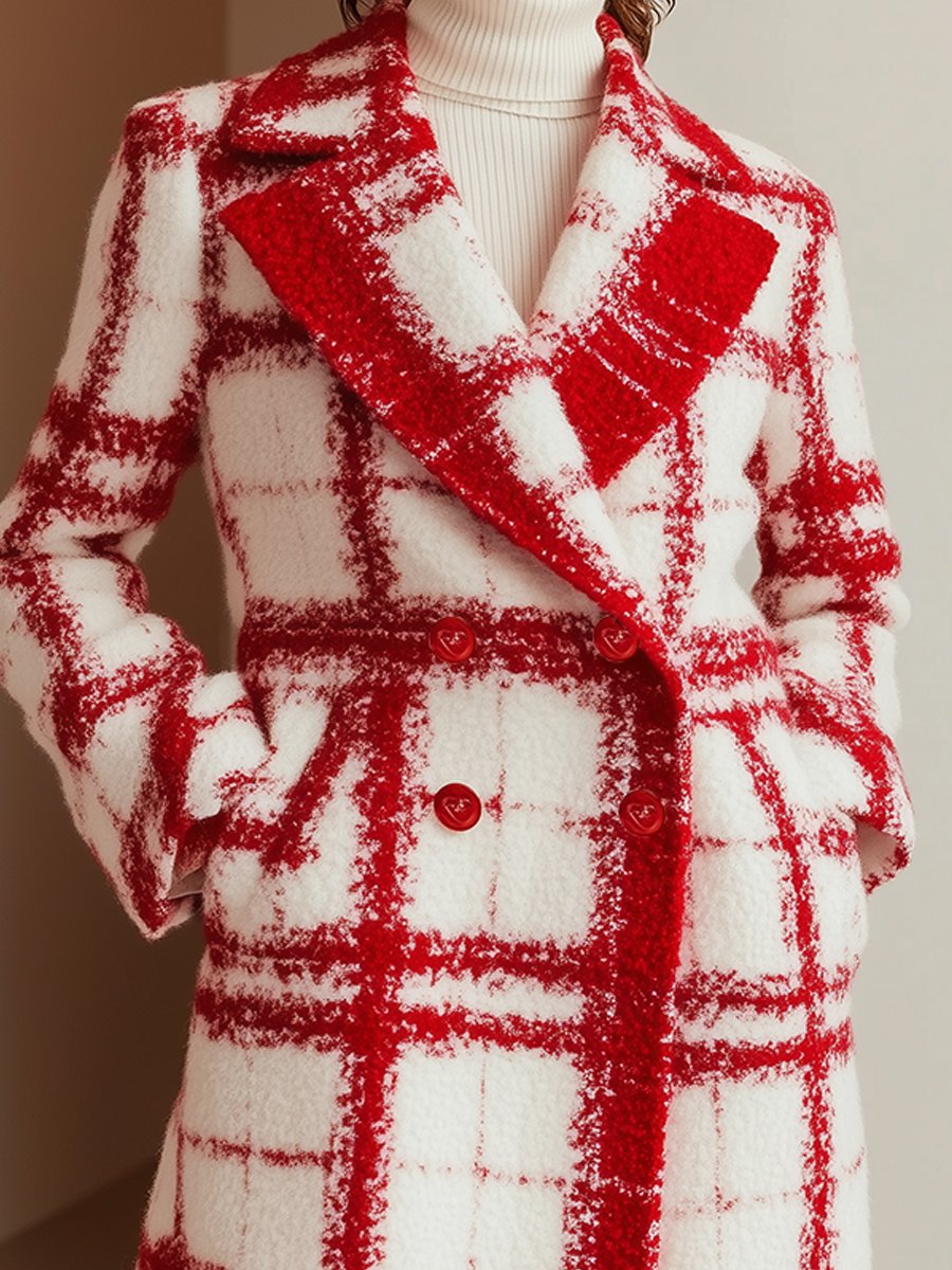 Textured Red Plaid Double-Breasted Wool Coat