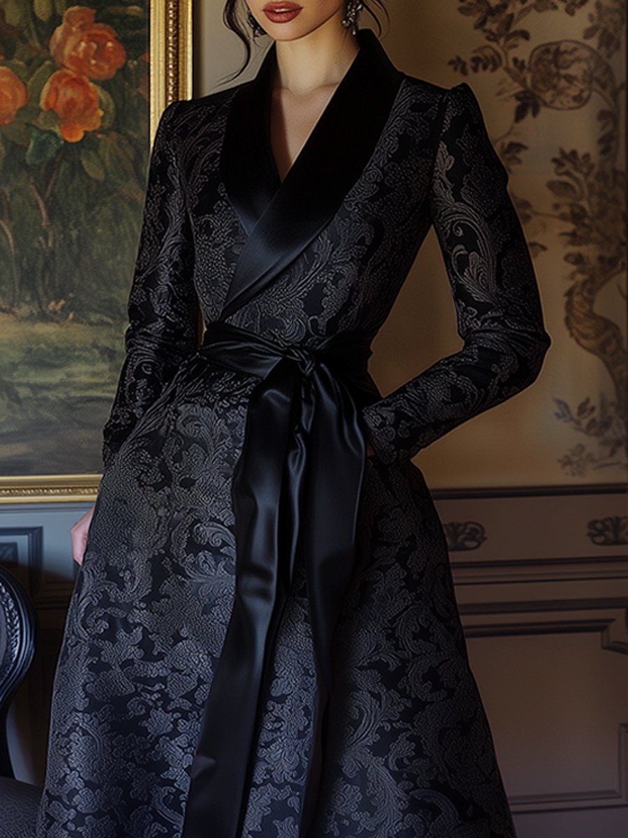 Navy Satin Jacquard Dress with Elegant Scrollwork and Satin Sash