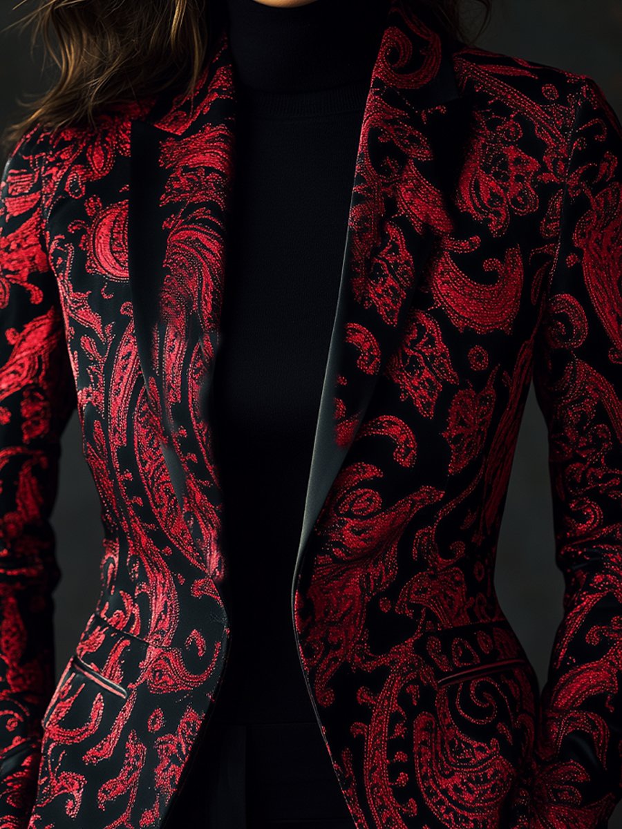 Sophisticated Black and Red Paisley Satin Jacquard Blazer