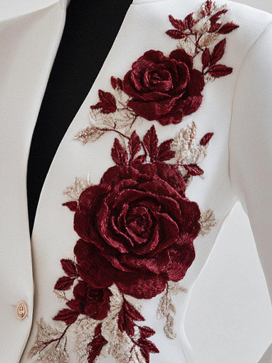 Chic White Blazer with Red Rose Embroidery