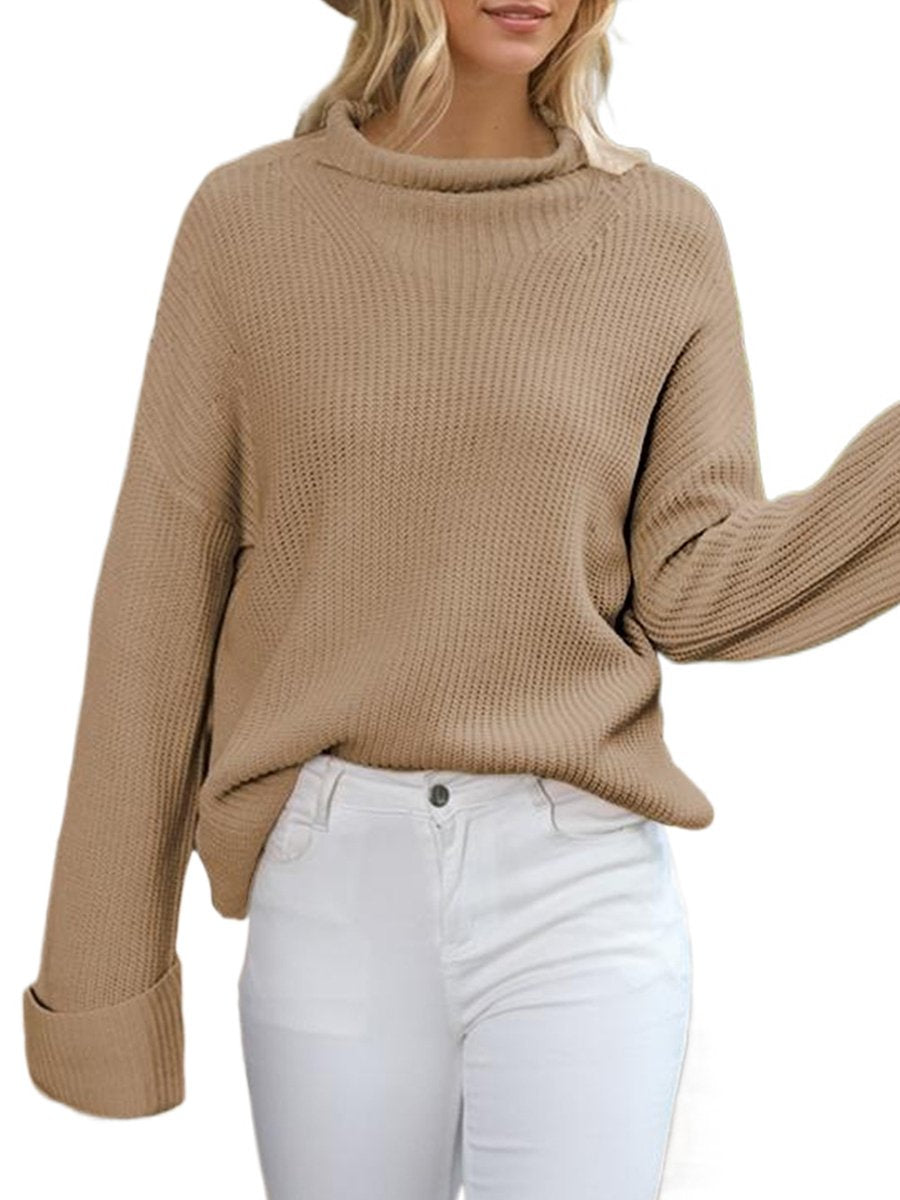 Cozy Plain Knit Sweater with Rolled Turtleneck