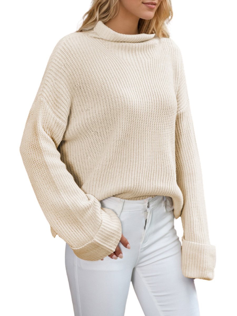 Cozy Plain Knit Sweater with Rolled Turtleneck