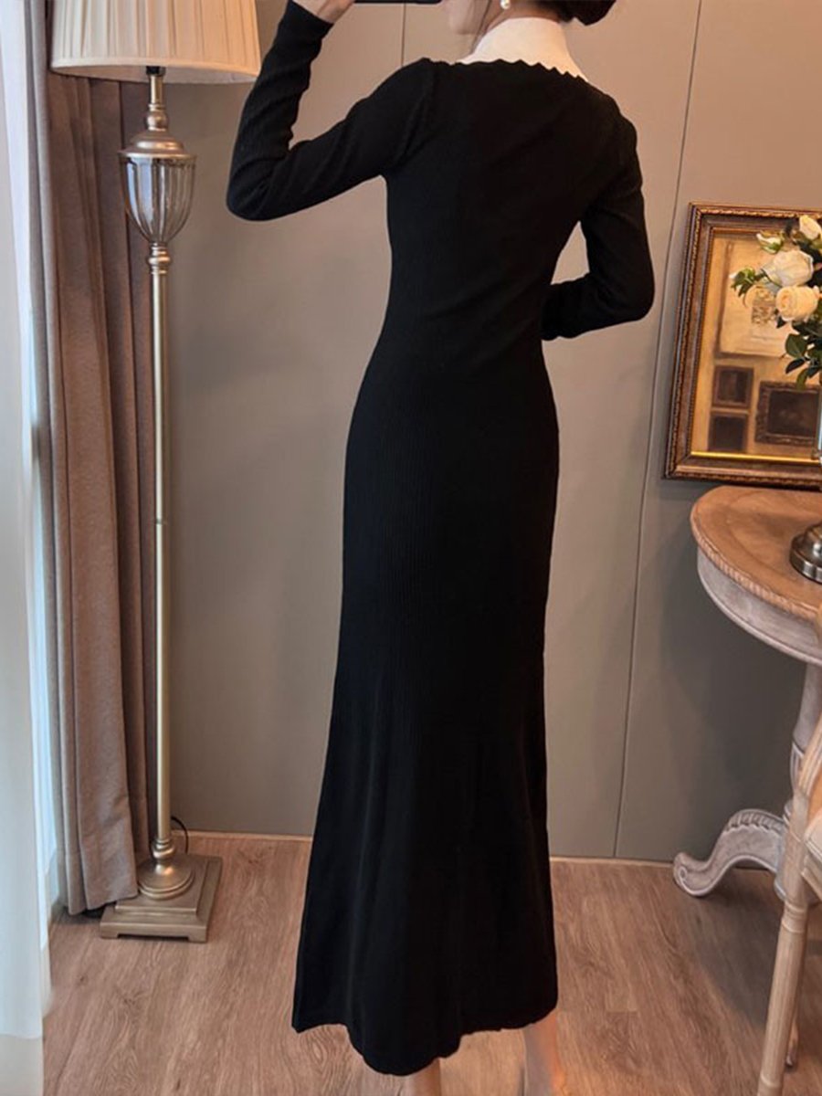 Polo Collar Contrast Color Knitted Dress