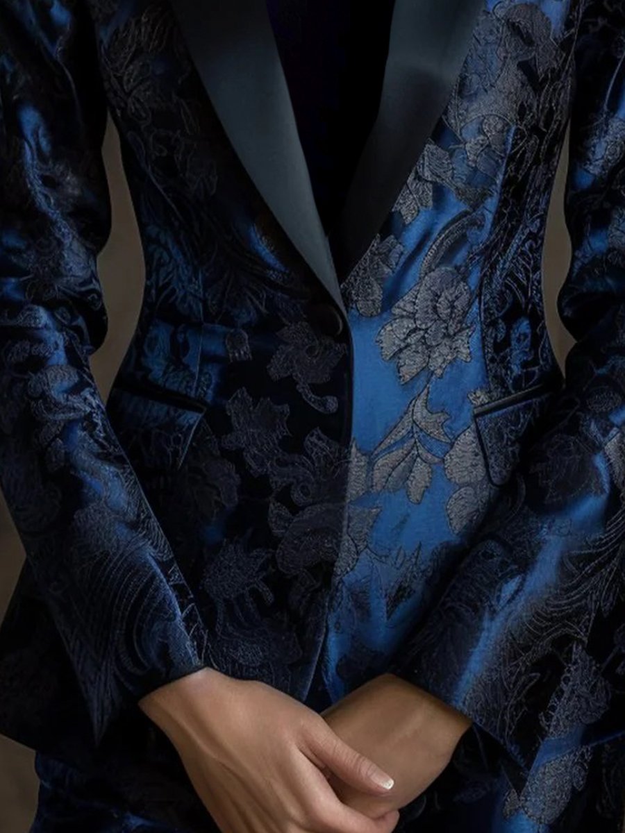 Midnight Blue Jacquard Blazer with Subtle Floral Motifs