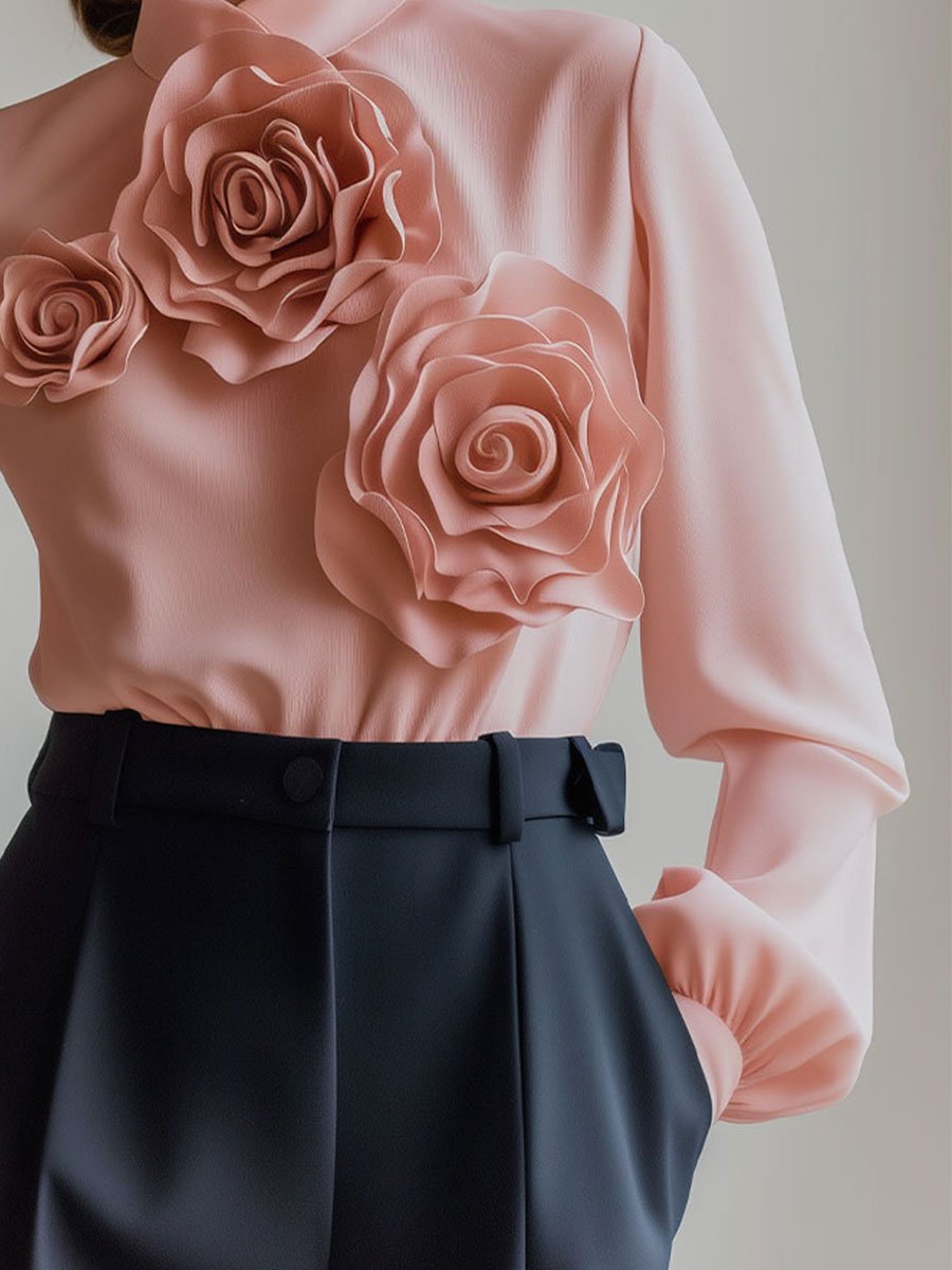Sophisticated 3D Rose Embellished Pink Blouse