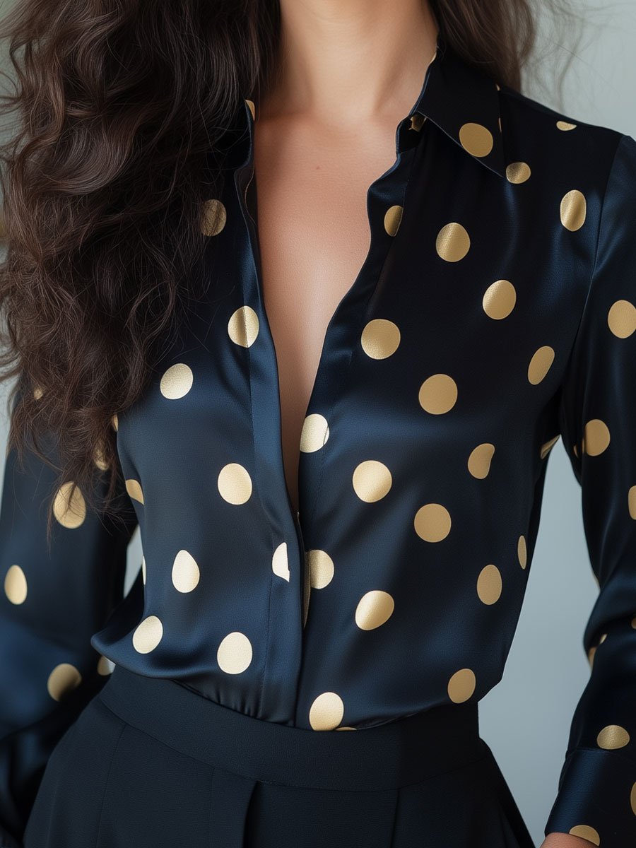 Black Satin Blouse with Gold Polka Dots