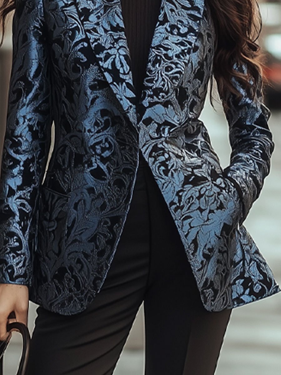 Elegant Blue Brocade Jacquard Blazer with Intricate Patterns