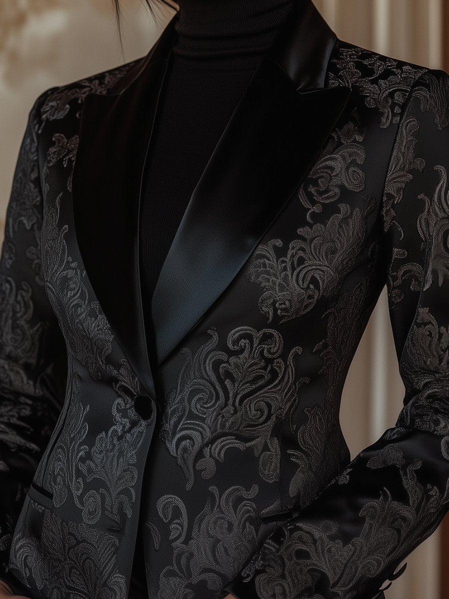Black Satin Jacquard Blazer with Elegant Baroque Patterns