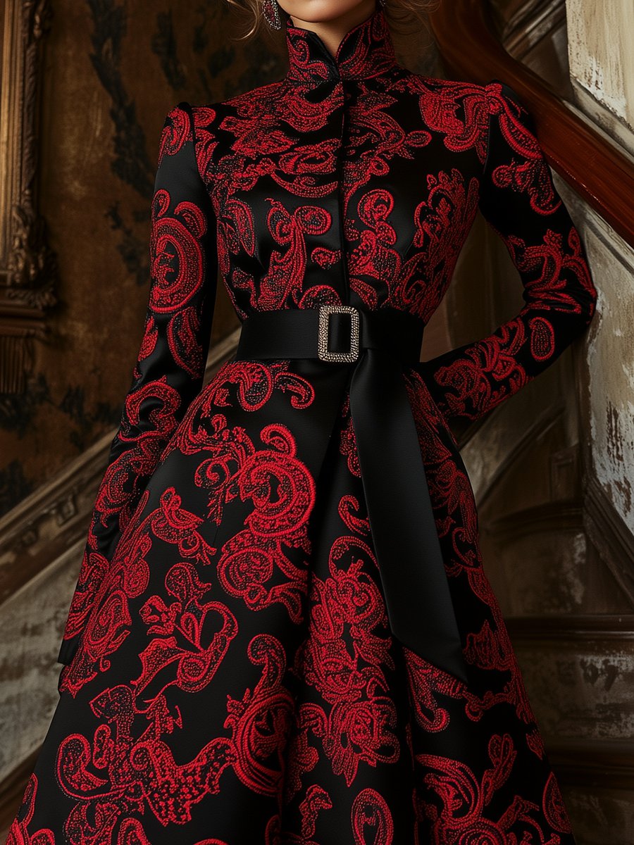 Elegant Black Satin Jacquard Dress with Red Paisley Motifs