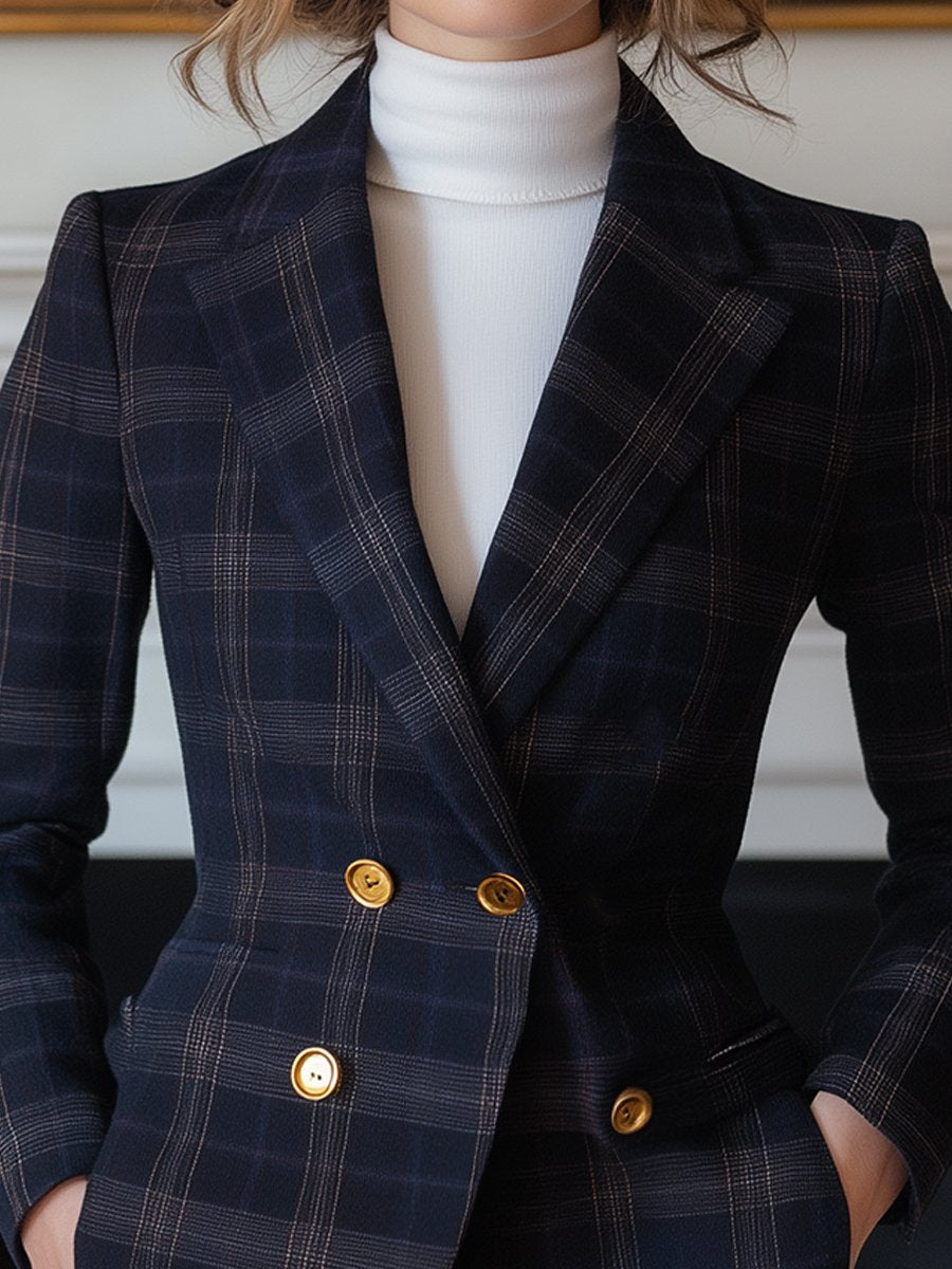 Navy Plaid Double-Breasted Blazer with Gold Buttons