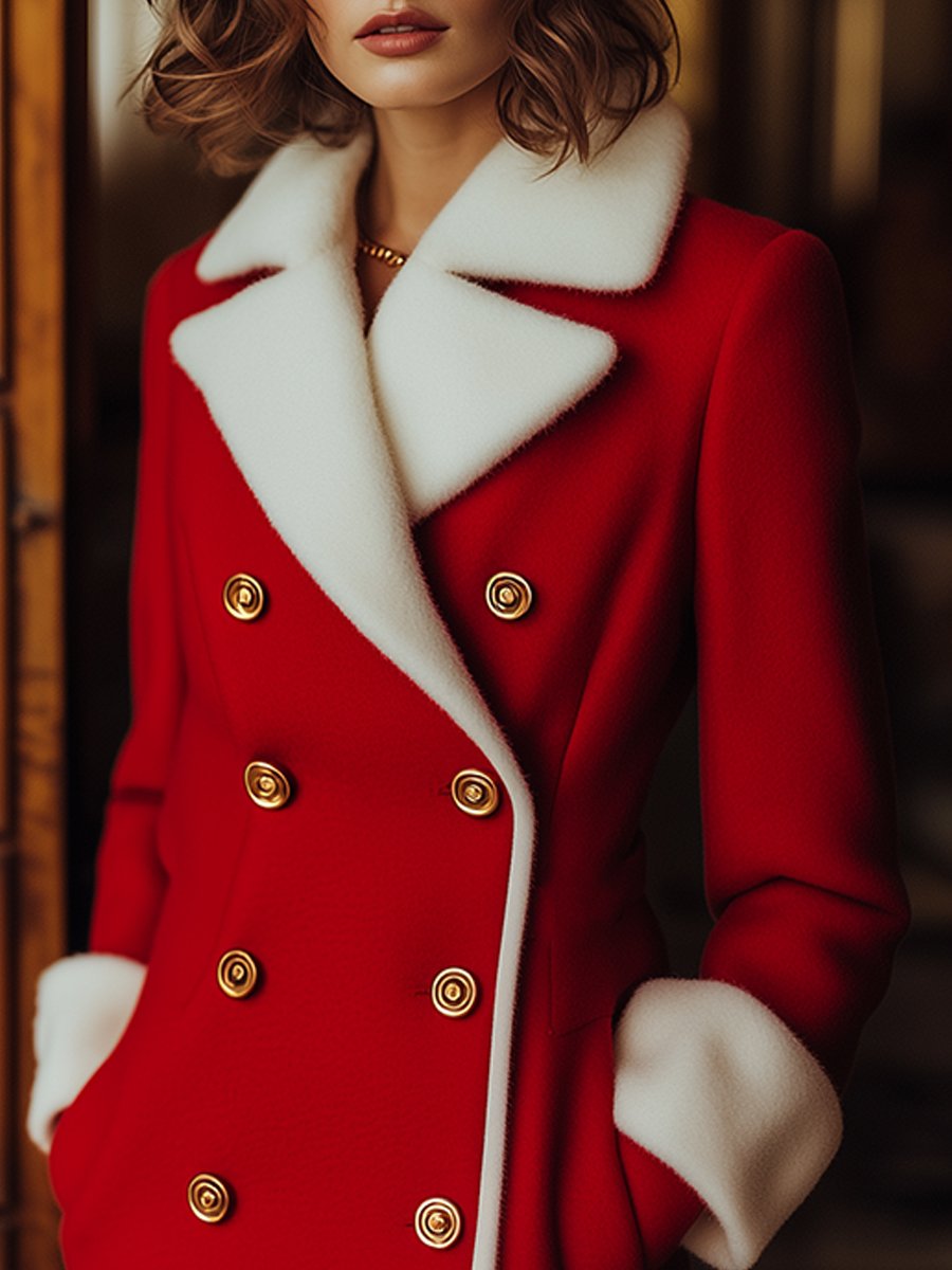 Classic Red Double-Breasted Coat with White Shearling Trim